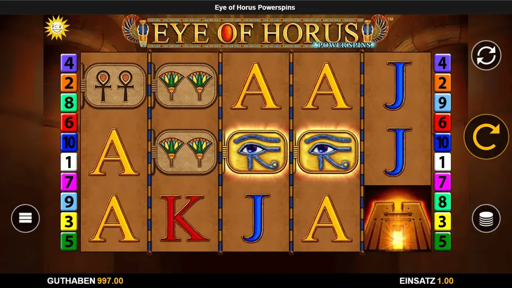 Eye of Horus Power Spins Basisspiel – vollständiges Spielfeld mit allen Symbolen