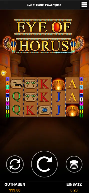Eye of Horus Power Spins Basisspiel – vollständiges Spielfeld mit Horusauge, Schakal, Vogel, Skarabäus und Kartensymbolen